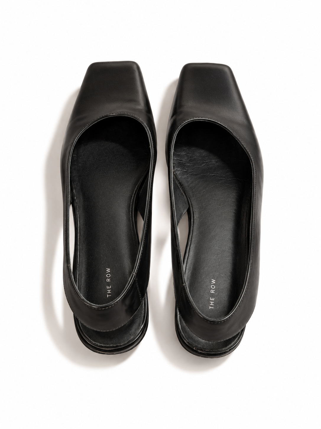 The Row Black Leather Square-Toe Slingback Flats