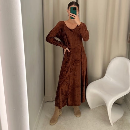Vtg Brown Velvet Dress