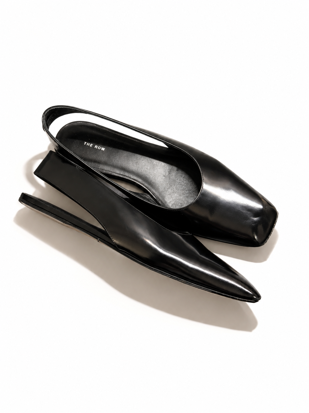 The Row Black Leather Square-Toe Slingback Flats