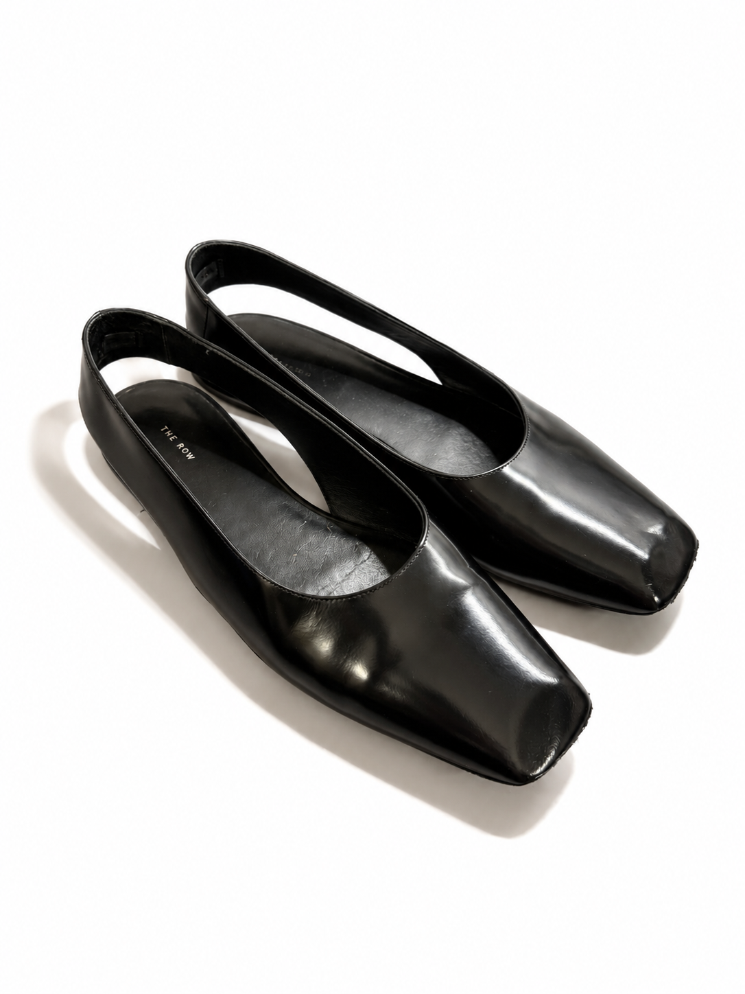 The Row Black Leather Square-Toe Slingback Flats