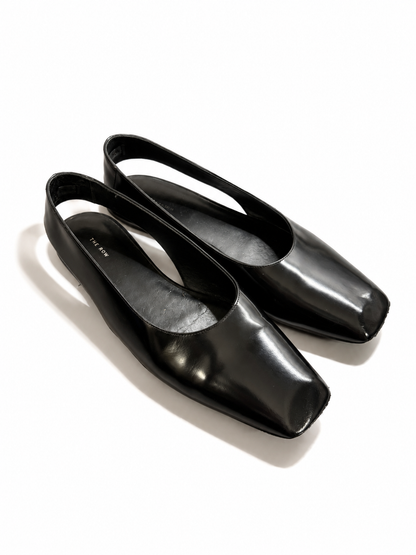 The Row Black Leather Square-Toe Slingback Flats