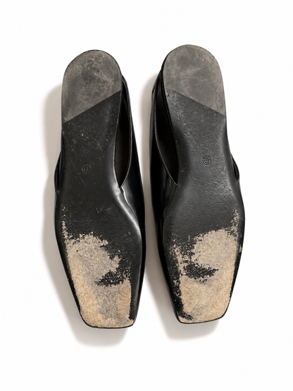 The Row Black Leather Square-Toe Slingback Flats