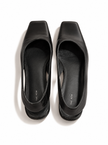 The Row Black Leather Square-Toe Slingback Flats